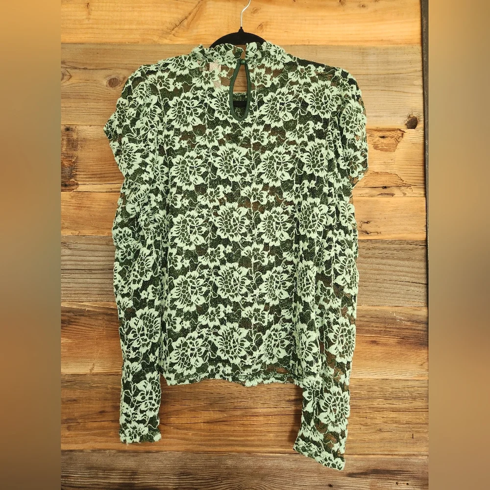 NWOT S Anthropologie Dolan Left Coast Sheer Mock Neck Lace Top Multi Green - Picture 6 of 7